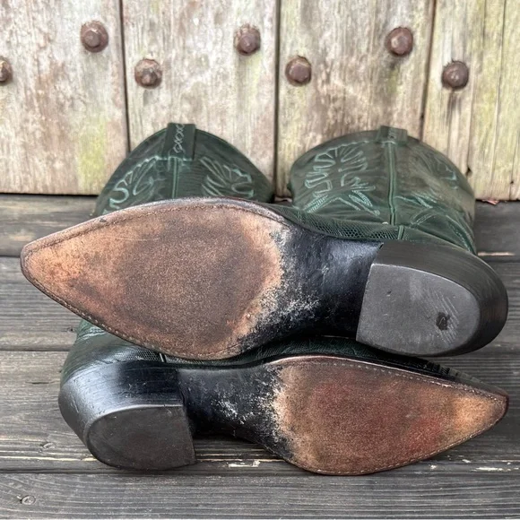 Vintage J.Chisholm for Thieves Market Green Exotic Leather Women's Cowboy Boots - Picture 9 of 10